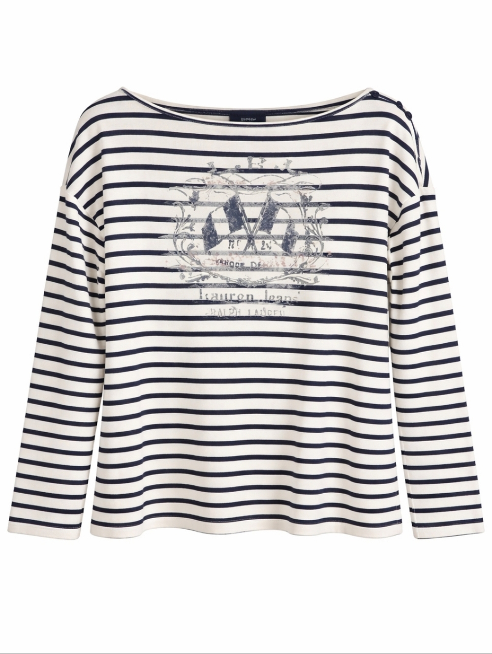Lauren Jeans Co White Navy Nautical Striped Crest Graphic Boat Neck Tee Sz XL